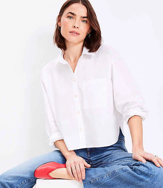 top Women's Loft Poplin Modern Pocket Shirt Size LOFT $24