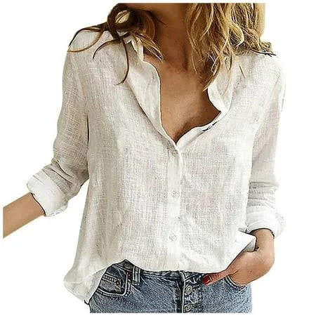 top Women's Loose Fit Cotton Linen V-Neck Long Sleeve Collared Button Down Shirt Walmart - UPPADA Fashion $13.29