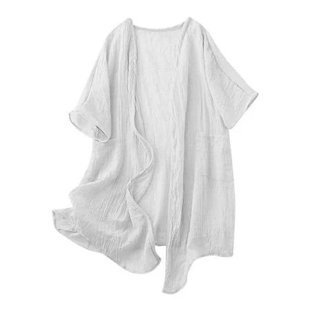 top Women's Loose Open Front Short Sleeve Cotton Linen Cardigan with Pocket Walmart - New Thread Apparel $14.49
