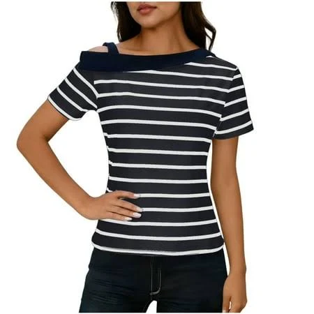 top Women's Off Shoulder Asymmetrical Neck Short Sleeve Striped T-Shirt Walmart - Htigea $14.4