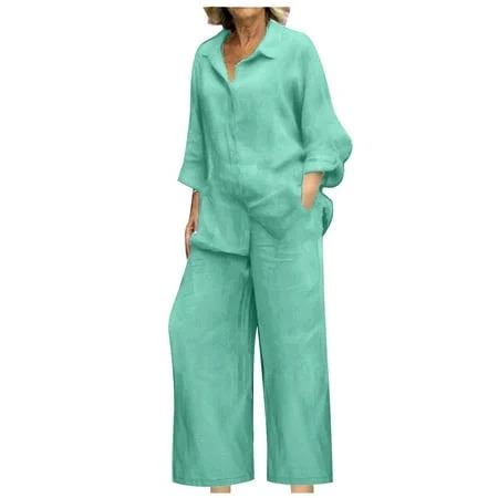matching set Women's Oversize Linen Button Up Shirt and Wide Leg Pant Set Walmart - Fashion Outfits For You $11.42