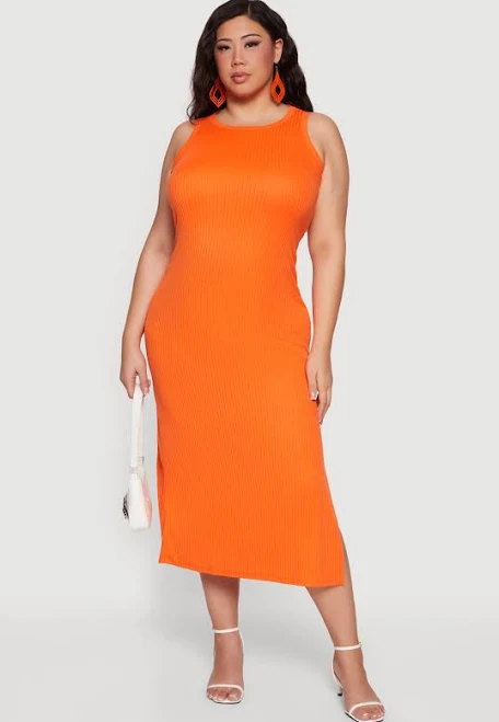 basics Womens Plus Size Rib Knit Side Slit Tank Midi Dress, Orange, Size 3X - Rainbow Shops Rainbow Shops $12.99