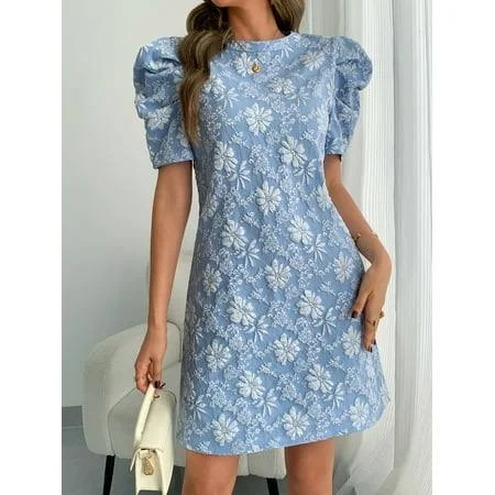 dress Women's Puff Short Sleeve Floral A-Line Mini Dress Walmart - ZXKJ Co. $25.99
