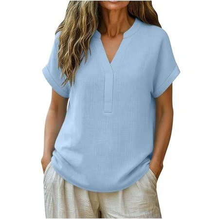 top Women's Relaxed Fit Cotton Linen Blend V-Neck Blouse Walmart - Womens Clothing Bwndum $19.89