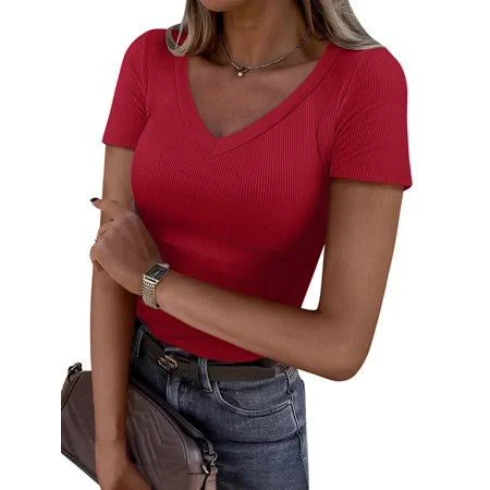 top Women's Ribbed Knit Fitted V-Neck Short Sleeve Shirt Walmart - ANRABESS FASHION $14.99