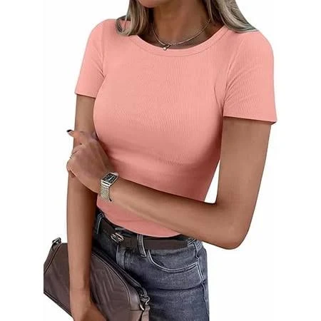 top Women's Ribbed Knit Slim Fitted Crewneck Short Sleeve Shirt Walmart - ANRABESS FASHION $19.99