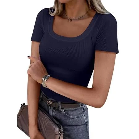 top Women's Ribbed Knit Slim Fitted Short Sleeve Top Walmart - ANRABESS FASHION $14.99