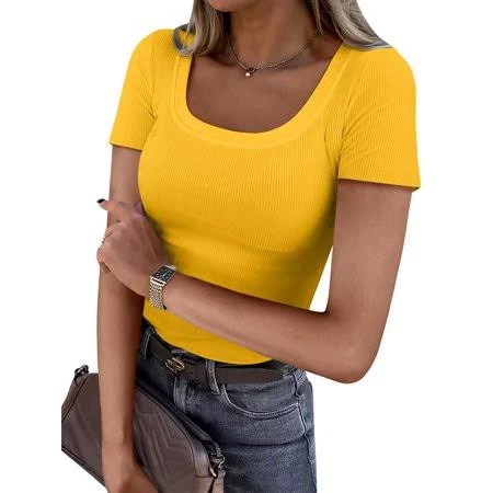 top Women's Ribbed Knit Slim Fitted Short Sleeve Top Walmart - ANRABESS FASHION $14.99