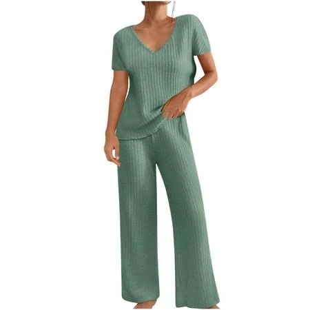 matching set Women's Ribbed Knitted Lounge Outfits with Side Slit Walmart - UAMVSH Stores $24.98