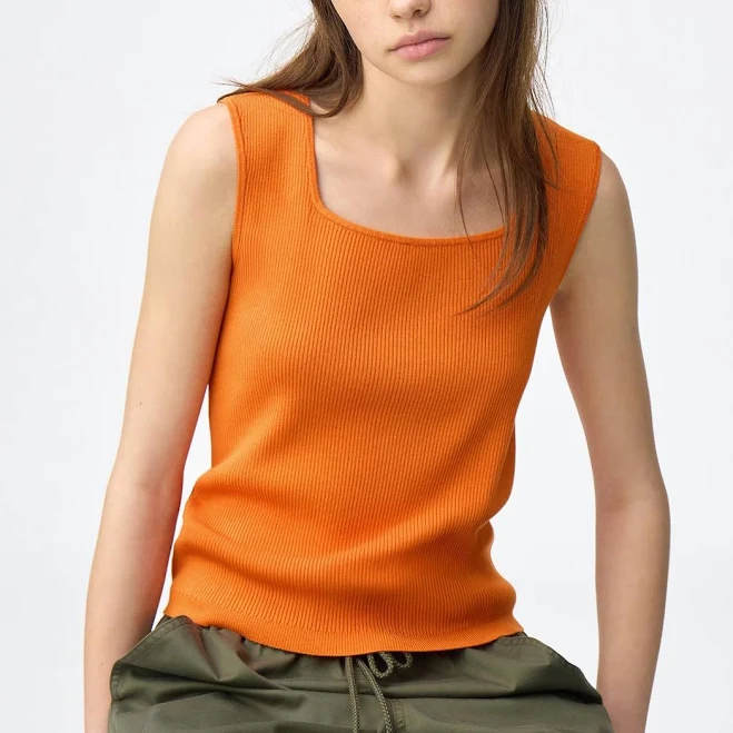 top Women's Ribbed Knitted Square Neck Tank Top GU USA $19.9