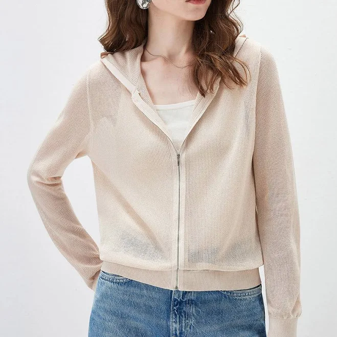 outerwear Women's Sheer Mesh Hooded Zip Up Cardigan cbcashmere.com $119