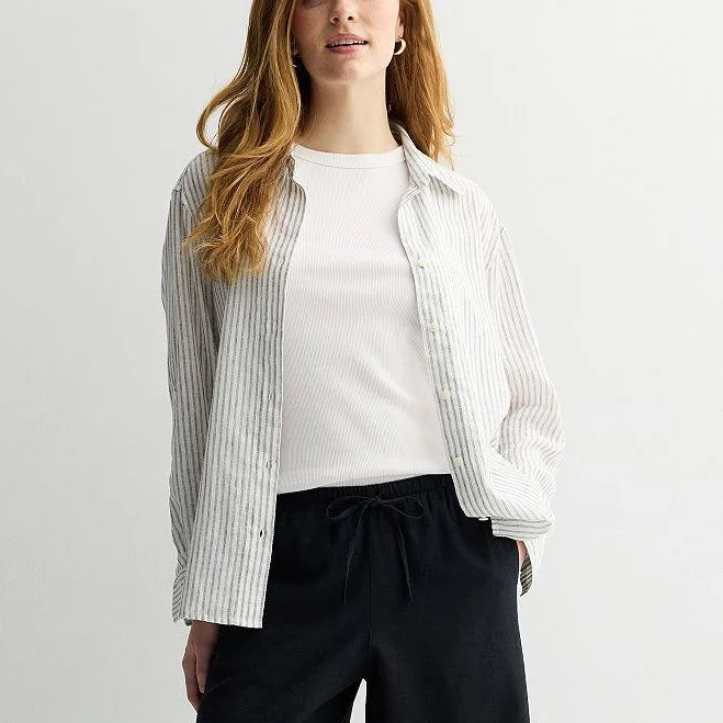 top Women's Sonoma Goods For Life Linen Oversized Boyfriend Shirt, Size: Large, White Navy Pinstripe Kohl's $34.99
