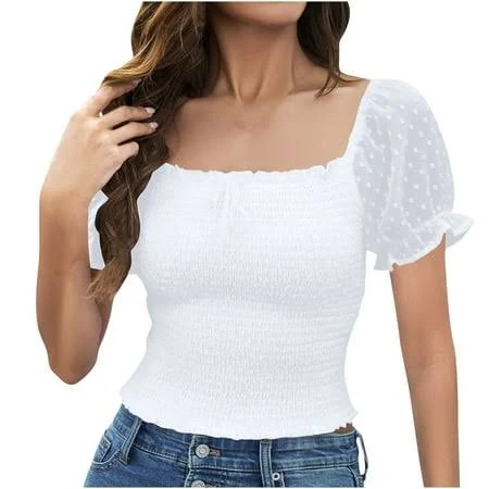 top Women's Square Neck Puff Short Sleeve Crop Top Walmart - Besolor Store $11.69