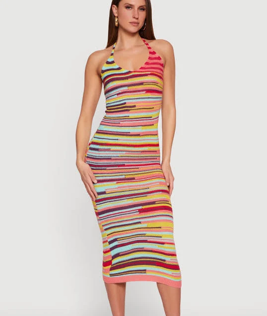 crochet dress Womens Striped Crochet Halter Maxi Dress, Pink Multi, Size M - Rainbow Shops Rainbow Shops $24.99