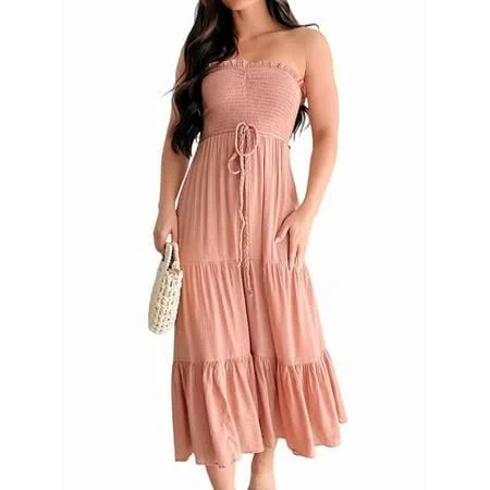 dress Women's Summer Maxi Dress Casual Bohemian Style Backless Bandeau Ruffled Multi-Layered Long Beach Sundress Coral L, Size: Large Walmart - FortuneLane $27.58