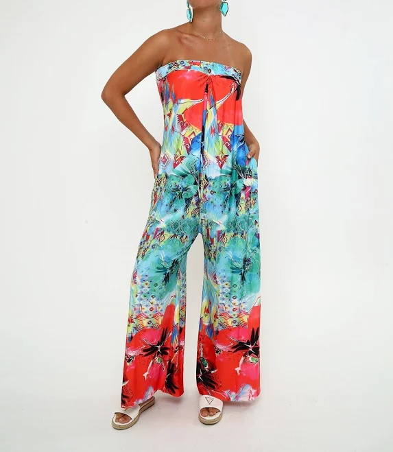 jumpsuit Women's Tropical Strapless Wide Leg Jumpsuit Vibrant Floral & Abstract eBay $54.9