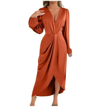 dress Women's Wrap V Neck Long Sleeve Pleated Satin Midi Dress Walmart - Htigea $26.4