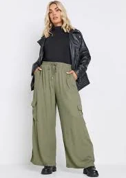 pants Womens Yours Curve Linen Wide Leg Cargo Trousers - Green yoursclothing.com $10