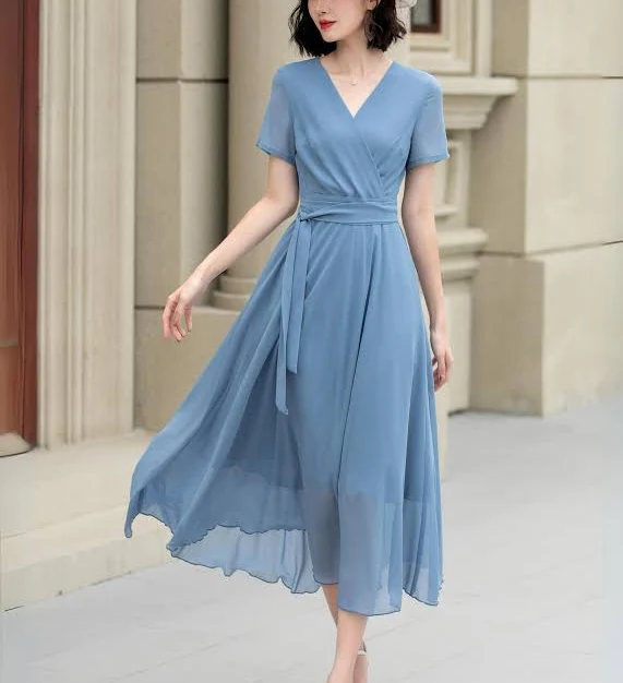 dress xiaolizi Chiffon Dress Summer Woman Wrap Dress Short Sleeve V Neck Chiffon Dress Etsy - xiaolizi $71.2