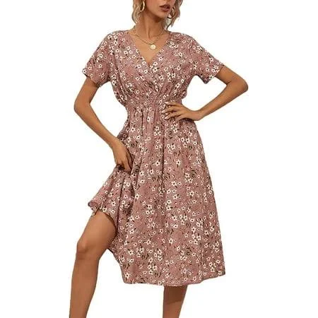 dress ZANKLEY Women's Floral Print V-Neck Midi Slim-Fit A-Line Dress Walmart - hjyun $25.99