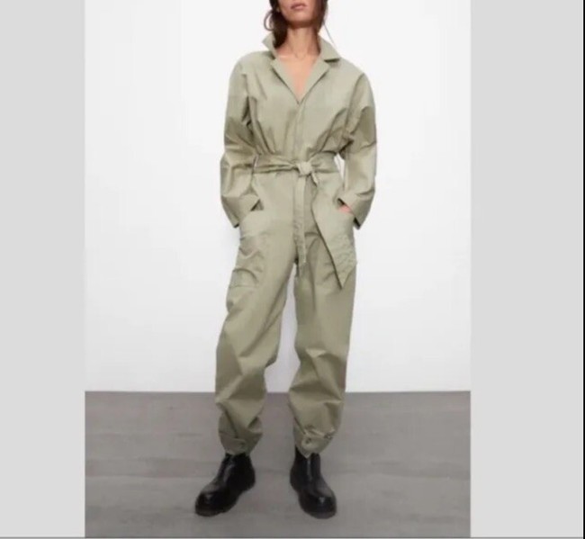 jumpsuit Zara Khaki Green V-Neck Belted Oversized Utility Jumpsuit XS eBay $29