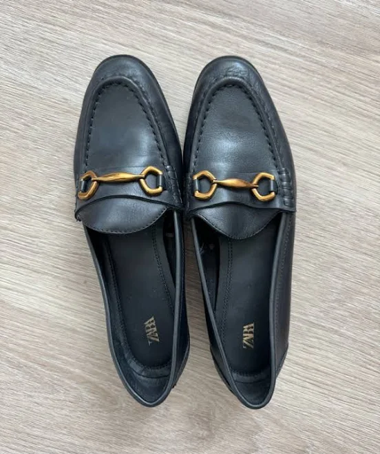 shoes Zara Shoes | Zara Black Real Leather Loafers With Gold Buckle Detail | Color: Black/Gold | Size: 9 | A_Stupi's Closet Poshmark $30