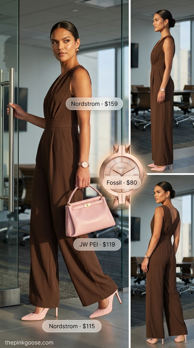 Professional summer office outfits 2026: Blush pink jumpsuit, rose gold accessories. Streamlined executive look.