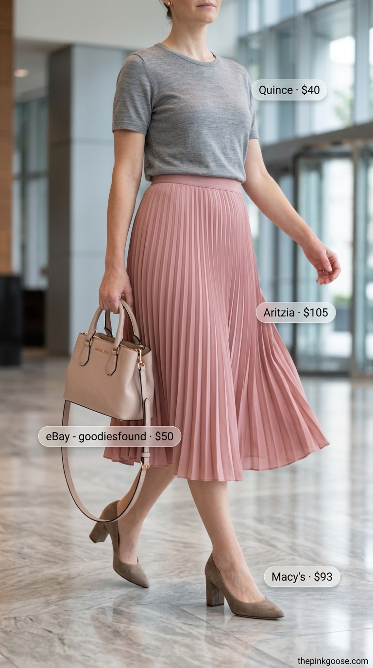 Professional summer office outfits 2026: Blush pink pleated skirt, grey knit top, rose gold accessories. Elegant office style.