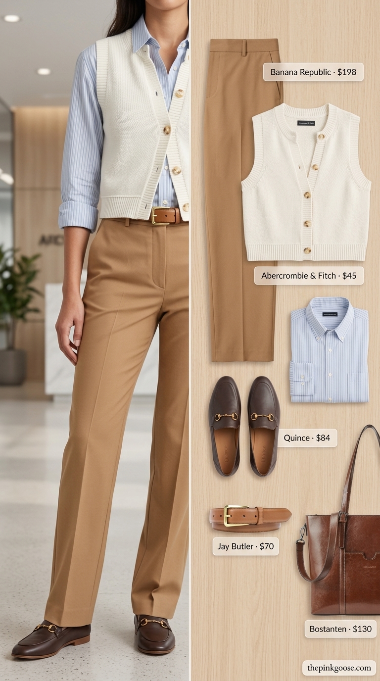 Professional summer office outfits 2026: Camel trousers, ivory knit vest, brown loafers, structured bag.