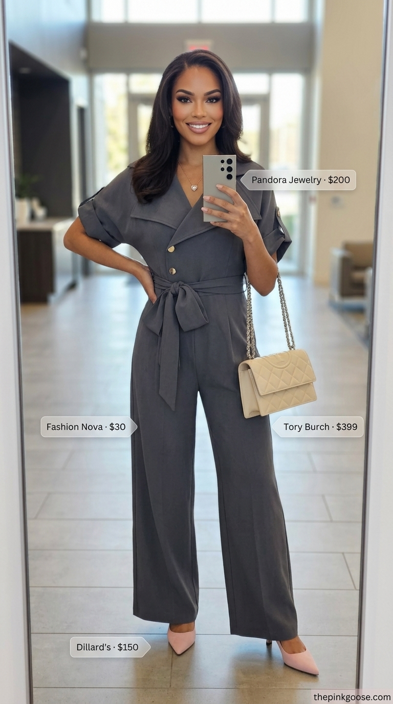 Professional summer office outfits 2026: Charcoal jumpsuit, blush pink pumps, rose gold necklace, blush bag.