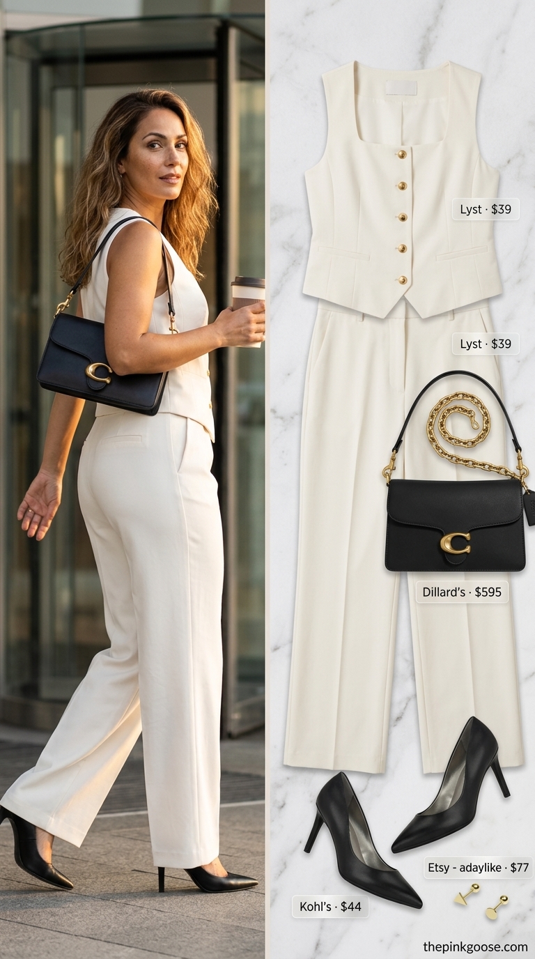 Cream linen matching set for professional summer office outfits 2026, with black heels and gold earrings.