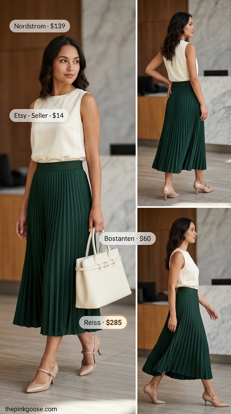 Professional summer office outfits 2026: Emerald green pleated skirt, cream top, tan pumps. Elegant office style.