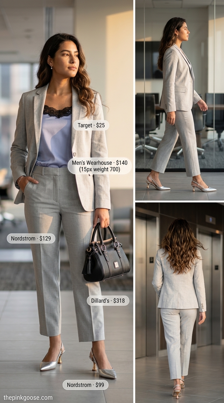 Professional summer office outfits 2026: Grey blazer, pale blue cami, grey trousers, metallic heels. Interview ready.