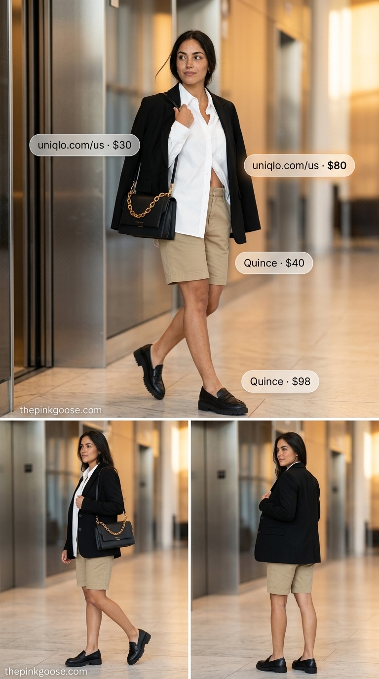 Khaki Bermuda shorts outfit for professional summer office outfits 2026, with white shirt and blazer.