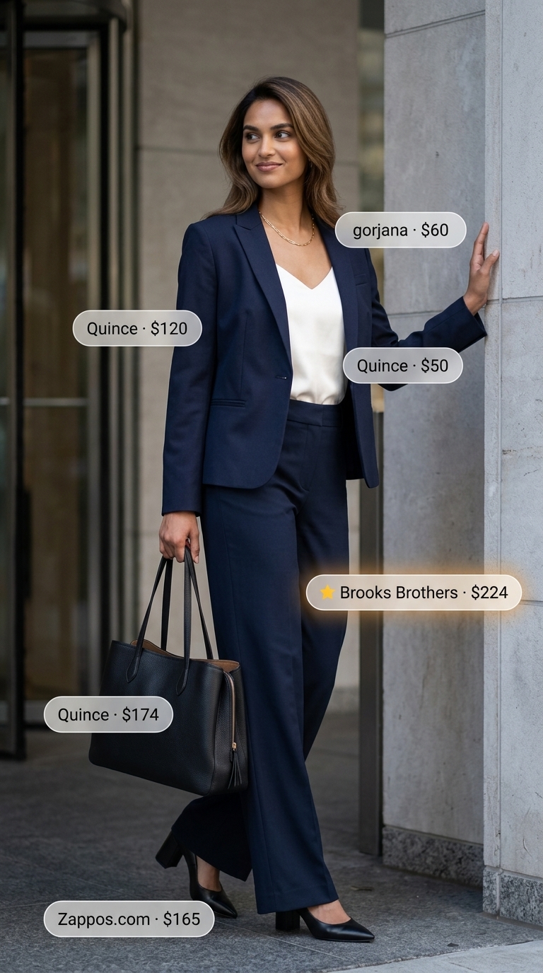 Professional summer office outfits 2026: Navy wide-leg trousers, white silk cami, gold necklace, navy blazer.