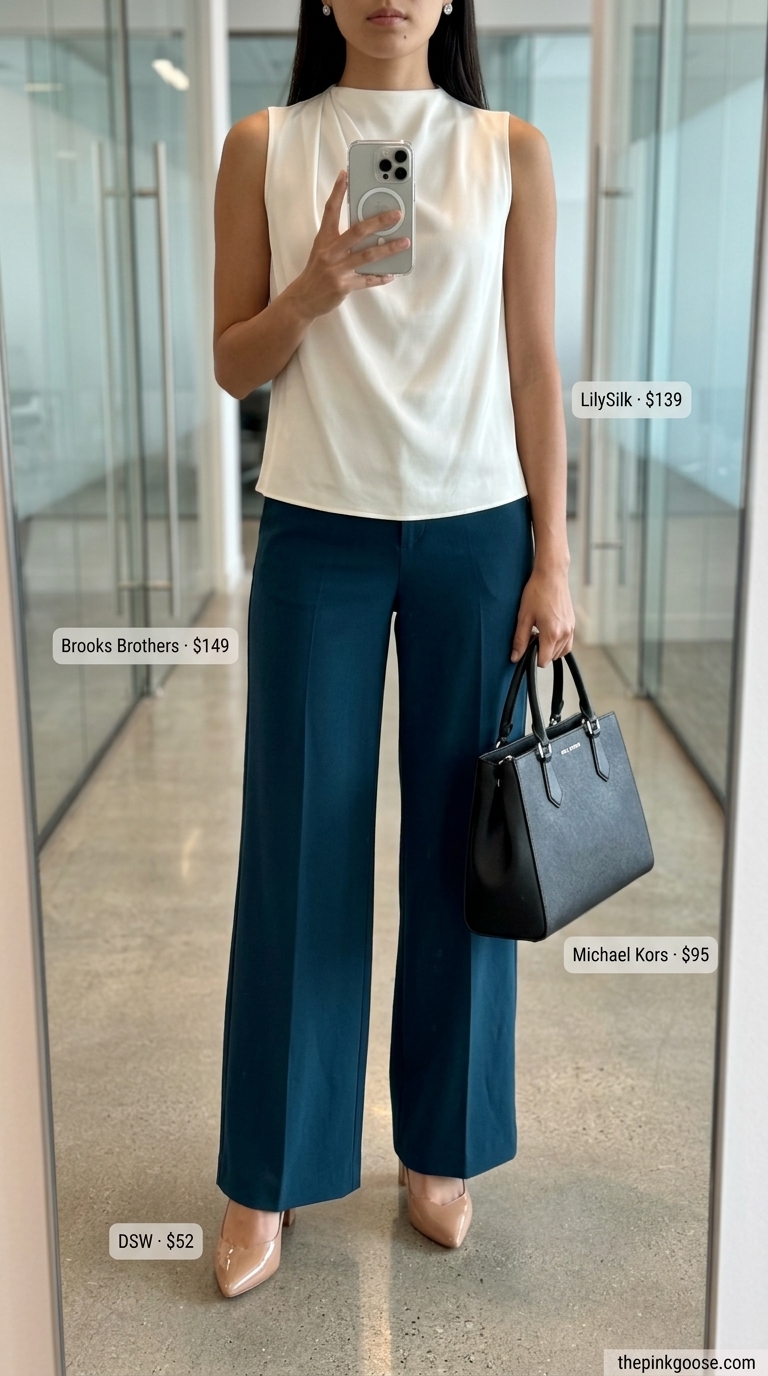 Professional summer office outfits 2026: Navy wide-leg pants, white high-neck top, nude pumps, silver earrings.