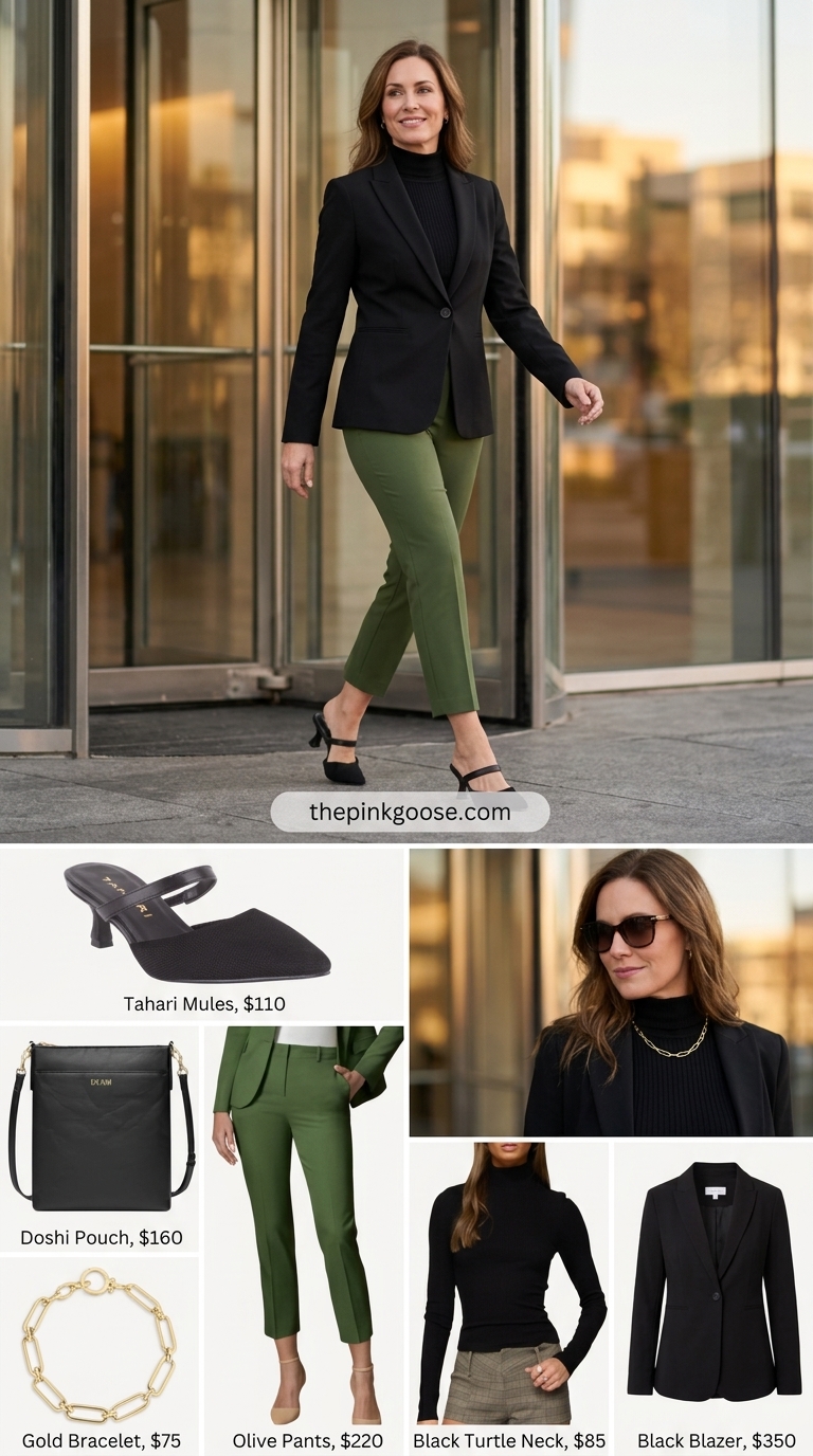 Professional summer office outfits 2026: Olive green pants, black mock neck top, black blazer, gold jewelry.