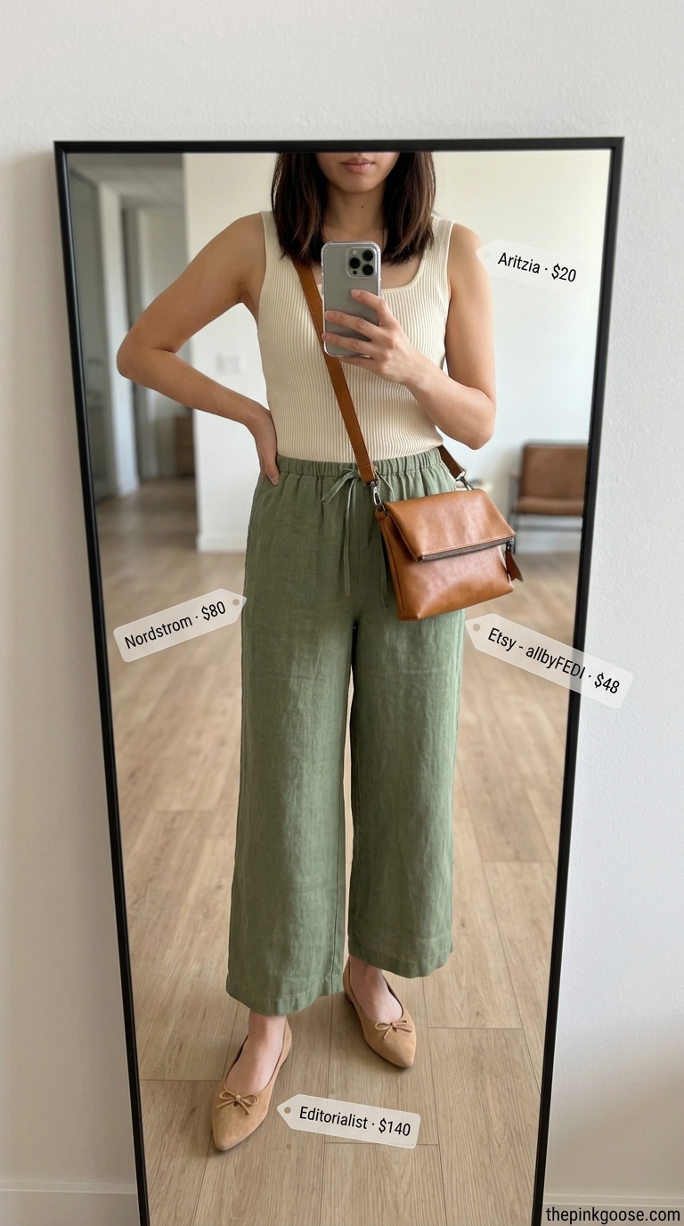 Olive green linen pants outfit for professional summer office outfits 2026, with cream tank and tan flats.