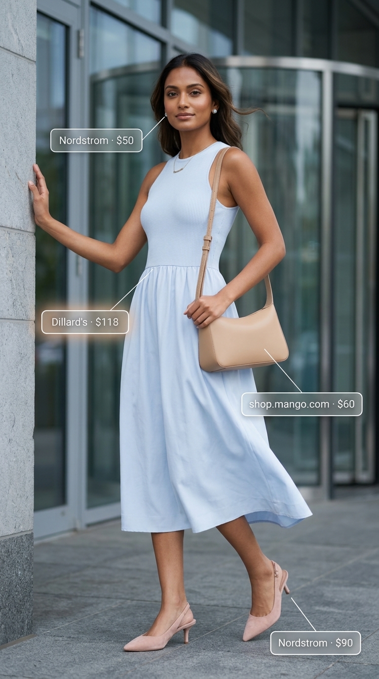 Professional summer office outfits 2026: Pale blue A-line dress, nude pumps, silver studs, nude shoulder bag.