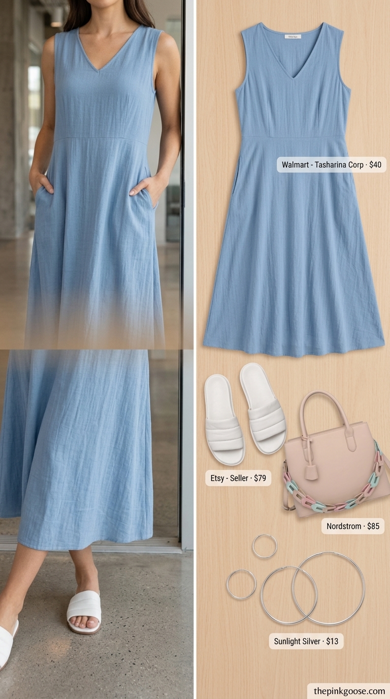 Sky blue linen dress for professional summer office outfits 2026, with white sandals and tan satchel.