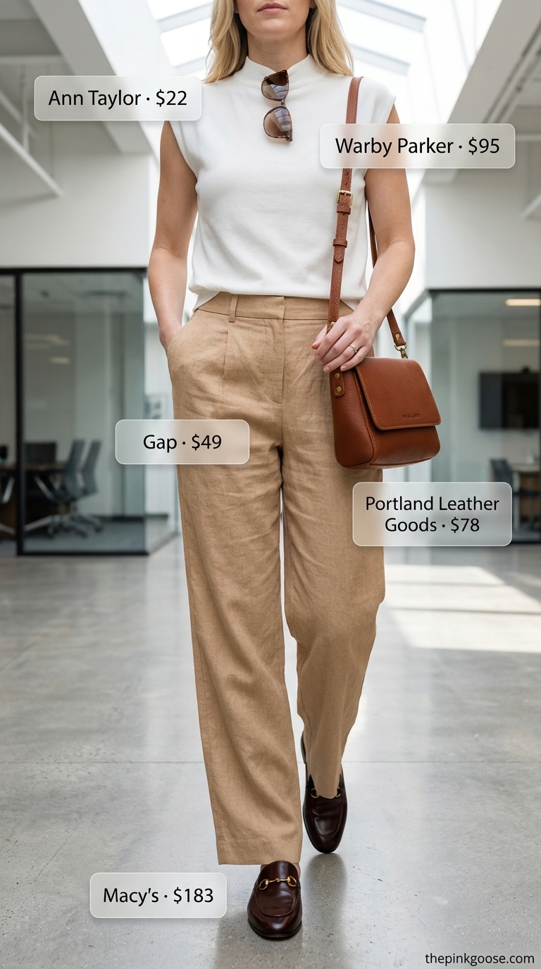Professional summer office outfits 2026: Tan linen trousers, cream knit top, brown loafers, crossbody bag.