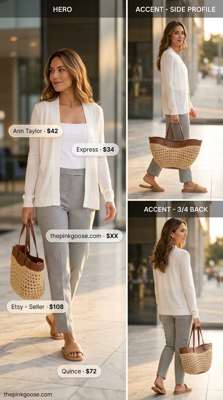 Terracotta linen trousers outfit for professional summer office outfits 2026, with white tank and cardigan.