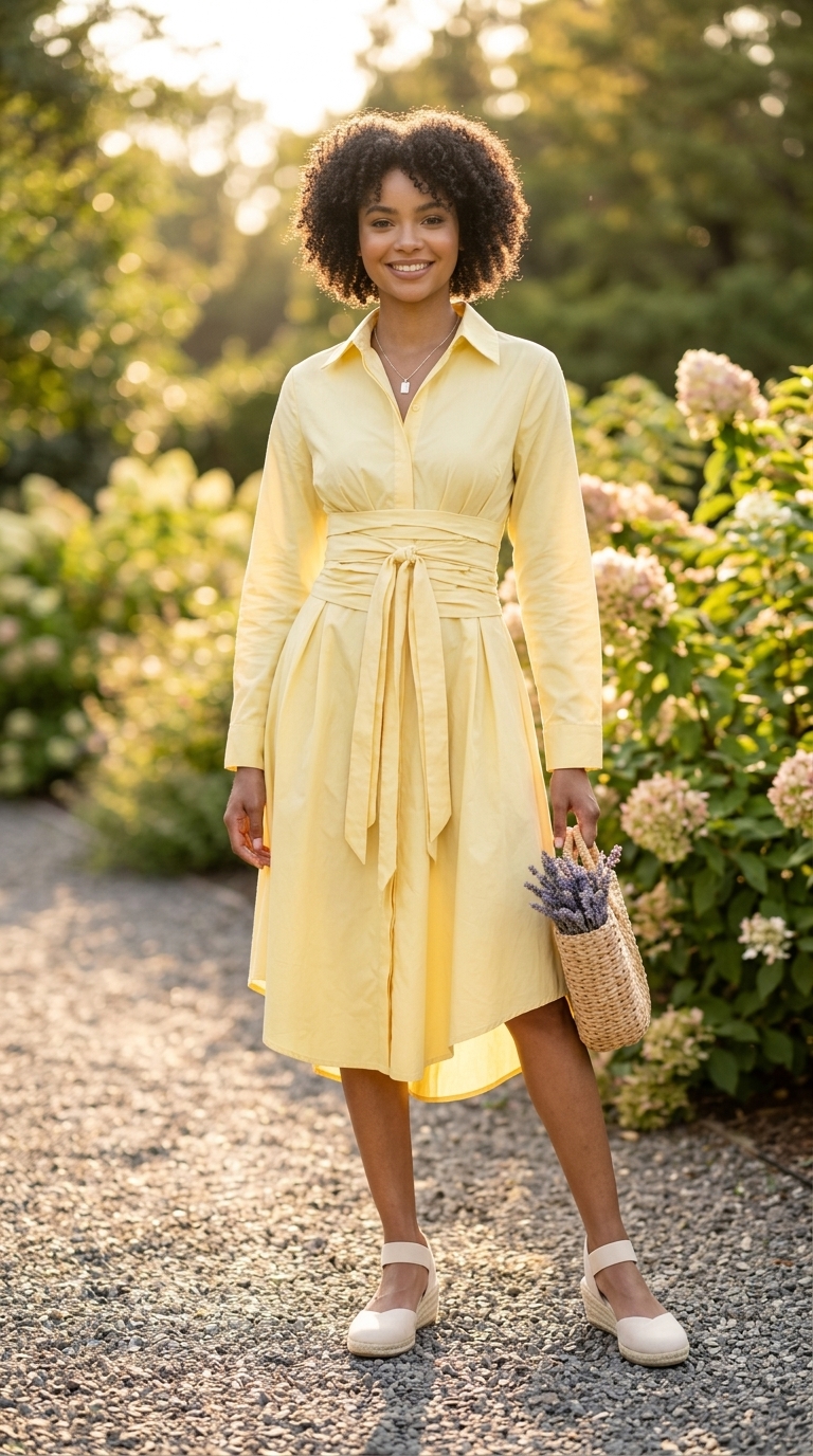 Soft yellow shirt dress for professional summer office outfits 2026, with espadrilles and straw tote.