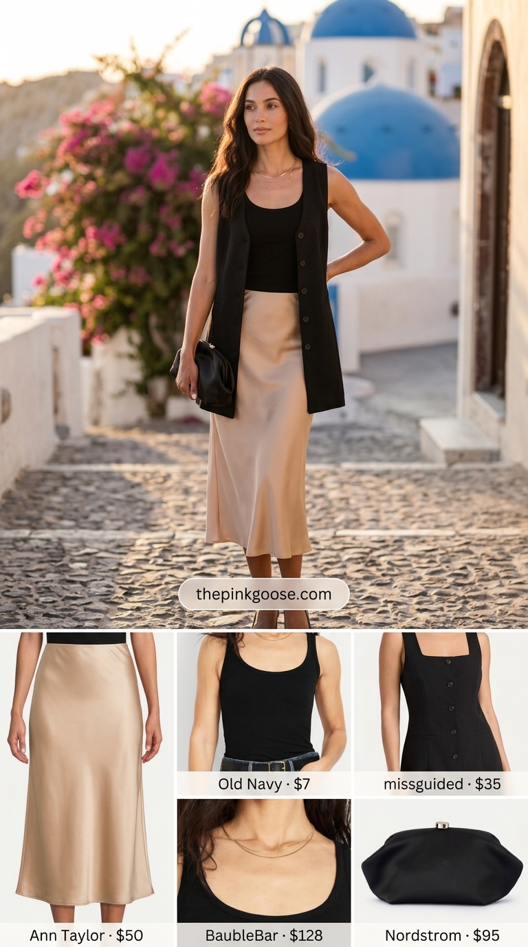 Santorini Greek island summer outfits for women 2026: Champagne slip skirt for glamorous evenings.
