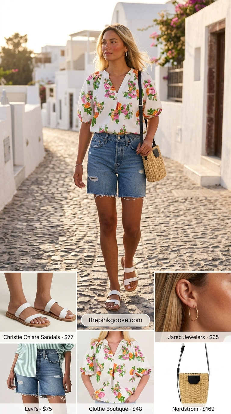 Santorini Greek island summer outfits for women 2026: Floral blouse, denim shorts, straw bag, sandals for casual day.