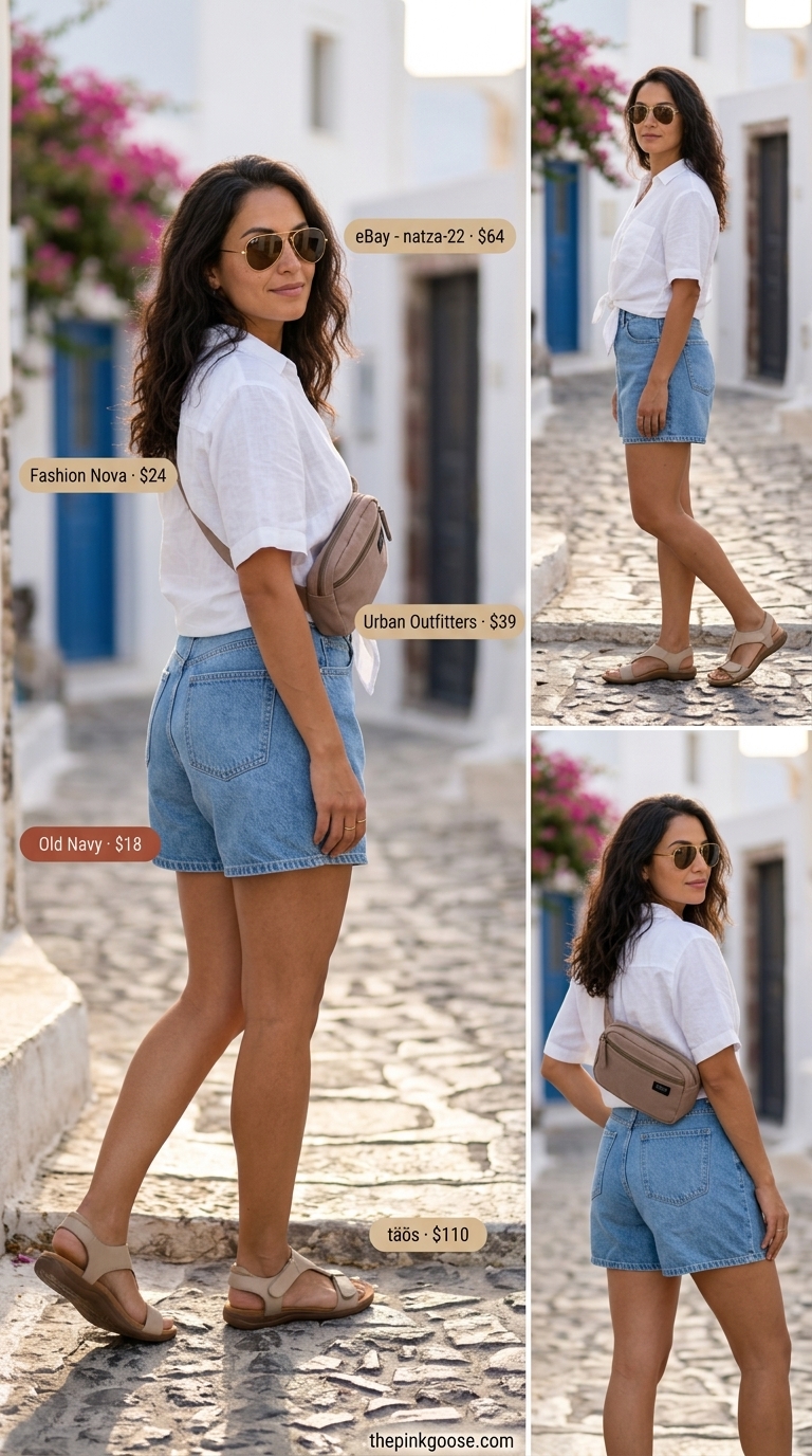 Santorini Greek island summer outfits for women 2026: Denim shorts, white linen shirt, aviators for island exploration.