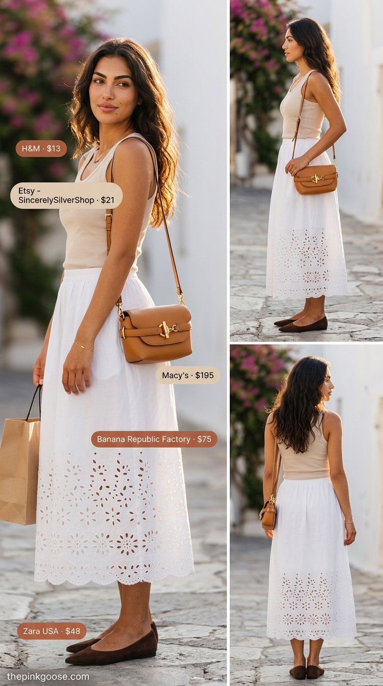 Santorini Greek island summer outfits for women 2026: White eyelet skirt, knit tank, ballet flats for daytime.