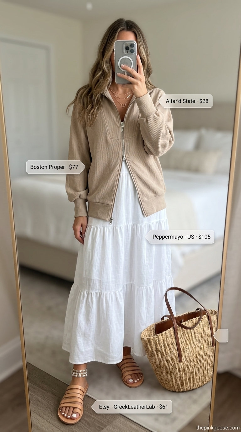 Santorini Greek island summer outfits for women 2026: White linen maxi dress, straw tote, sandals for beachside.