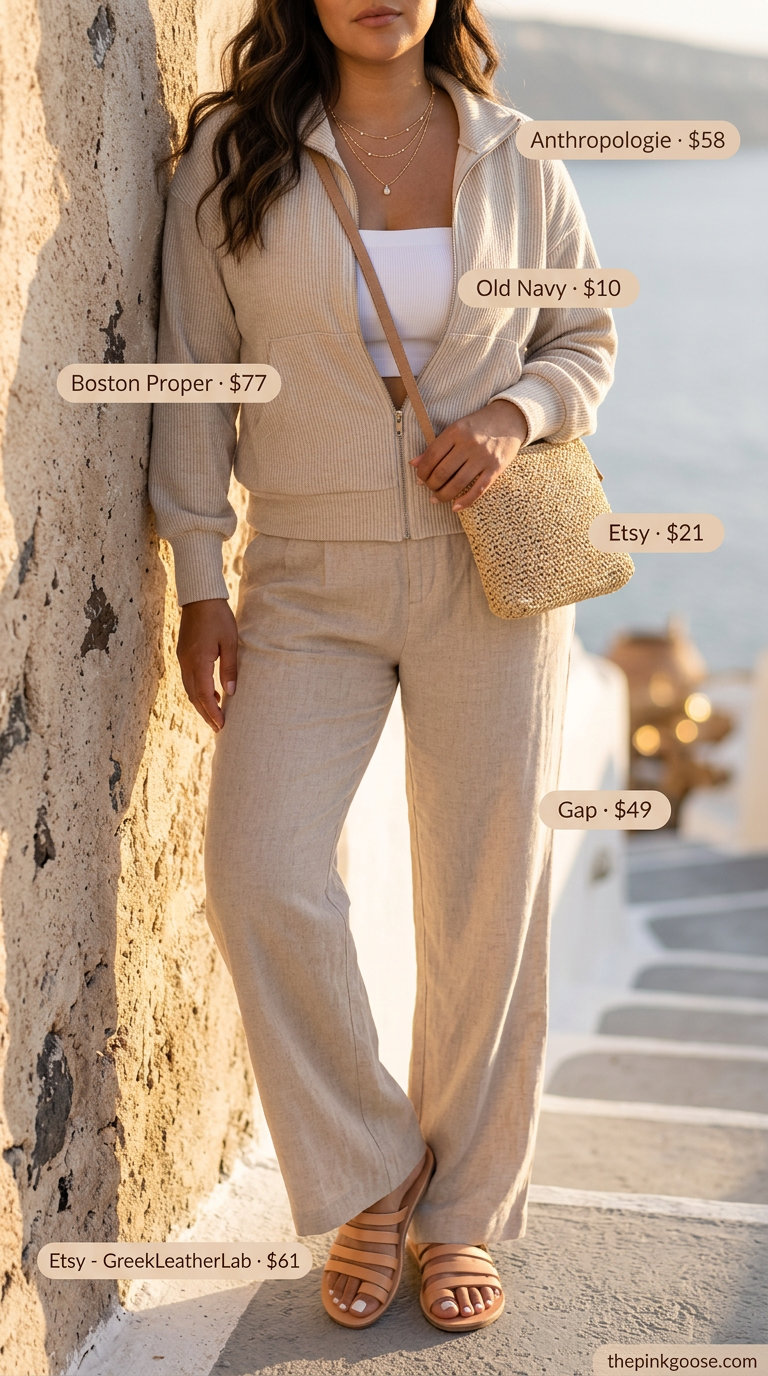 Santorini Greek island summer outfits for women 2026: Linen pants, bandeau top, straw bag for evening.