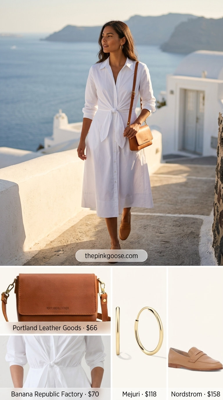 Santorini Greek island summer outfits for women 2026: White midi shirt dress, loafers, crossbody bag for day trip.